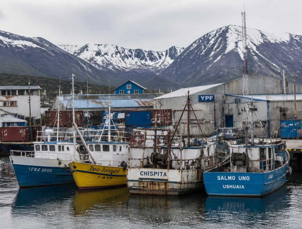 Harbor town of Ushuaia with colorful buildings and snow-capped mountains behind