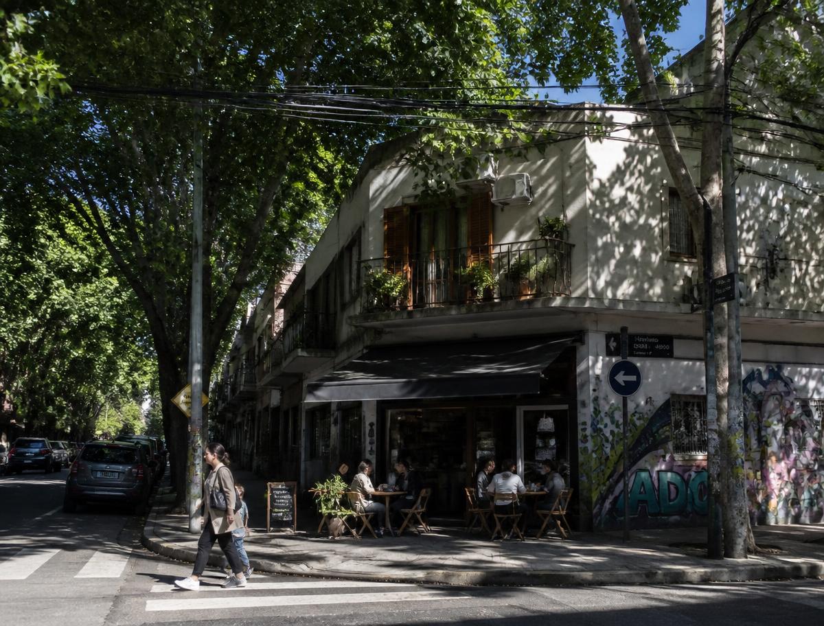 Jacaranda blossom over a 1920s corner building and sidewalk café in Palermo, Buenos Aires
