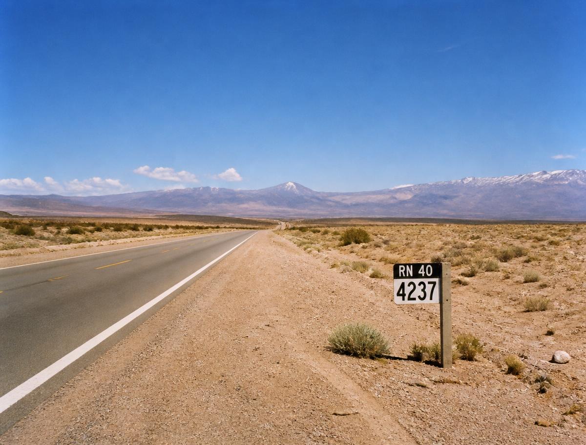 Empty highway crossing the Argentine steppe toward distant mountains under a wide sky