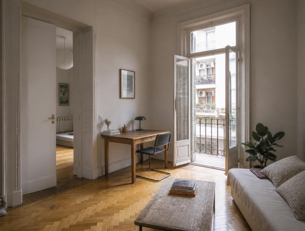 Elegant Buenos Aires apartment interior with herringbone floors and French balcony doors