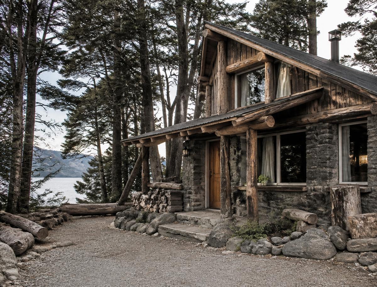 Timber and glass mountain cabin beside a forested Patagonian lake