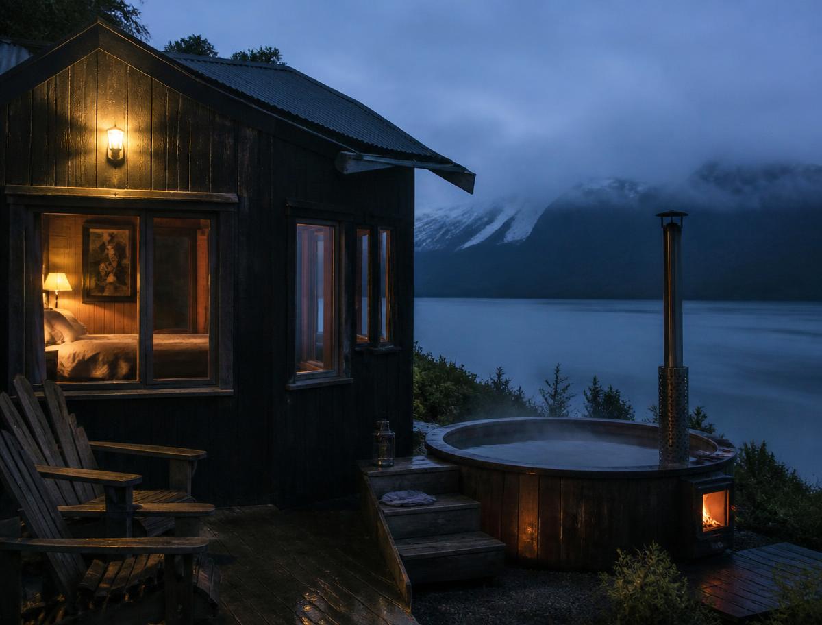 Romantic Patagonian cabin at dusk with warm lamplight and an outdoor soaking tub facing a misty lake
