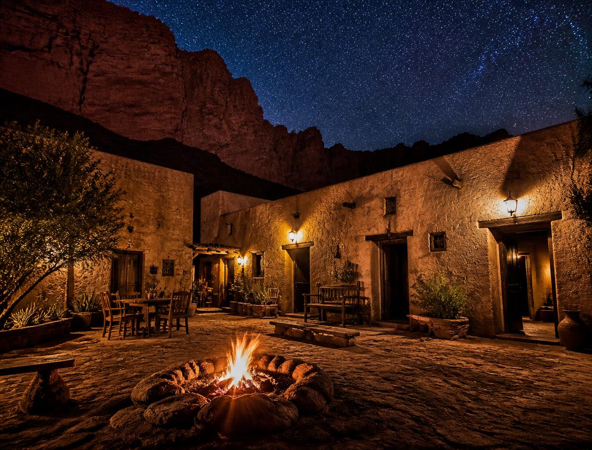 Restored adobe finca courtyard with a fire pit below red rock cliffs and a starry sky in northwest Argentina