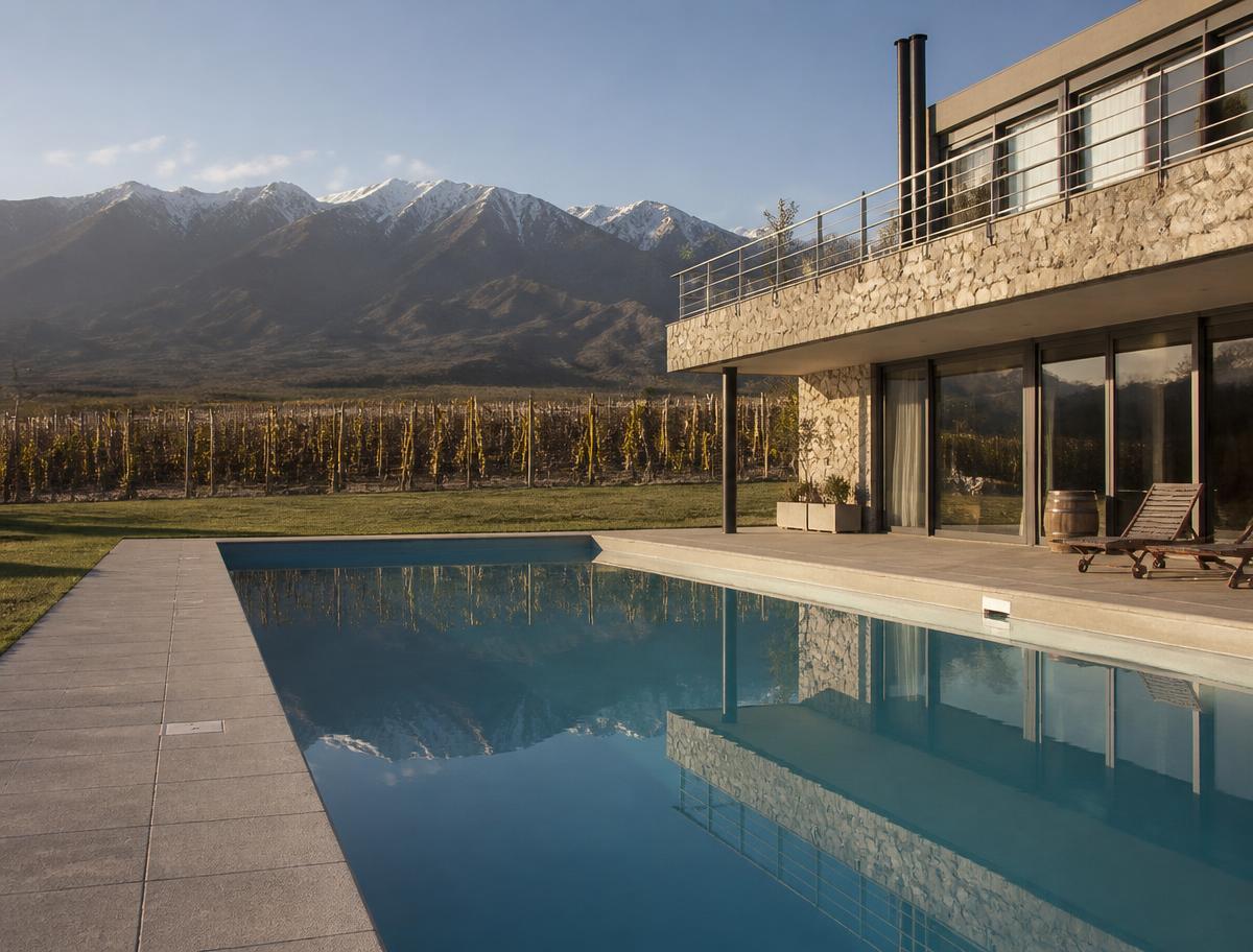 Contemporary luxury villa with a pool overlooking vineyards and the Andes in Argentina
