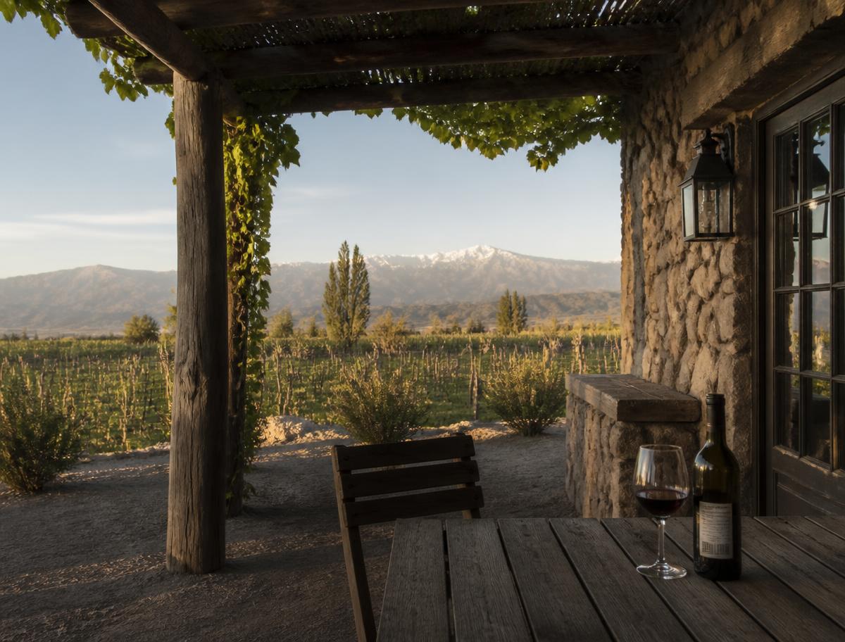 Stone wine estate guesthouse with a vine-shaded terrace above Uco Valley vineyards at sunset